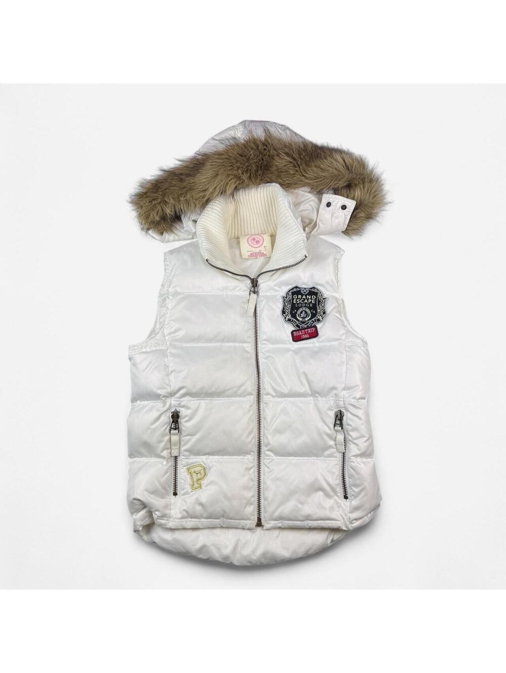 Victoria's Secret PINK Y2K White Faux Fur Hood Puffer Vest Gilet in White Sporty